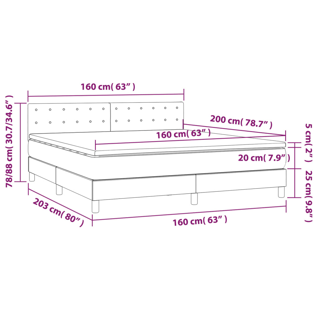 Cama box spring c/ colchão/LED 160x200 cm veludo verde-escuro