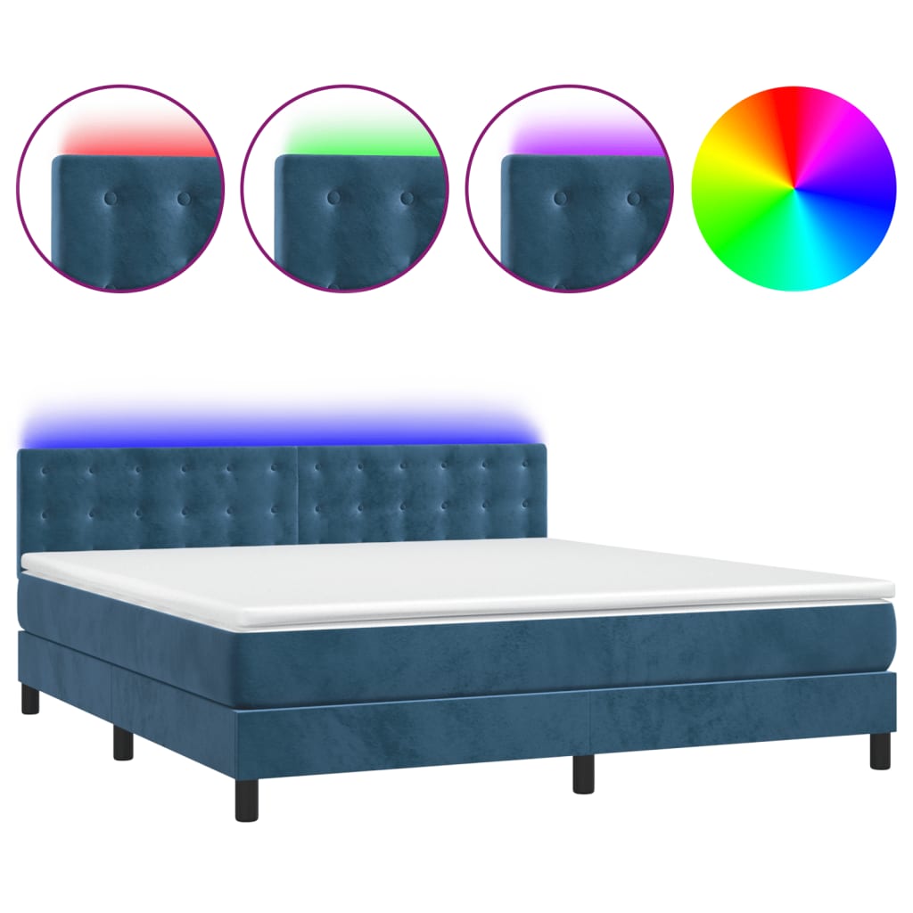 Cama box spring c/ colchão/LED 180x200 cm veludo azul-escuro