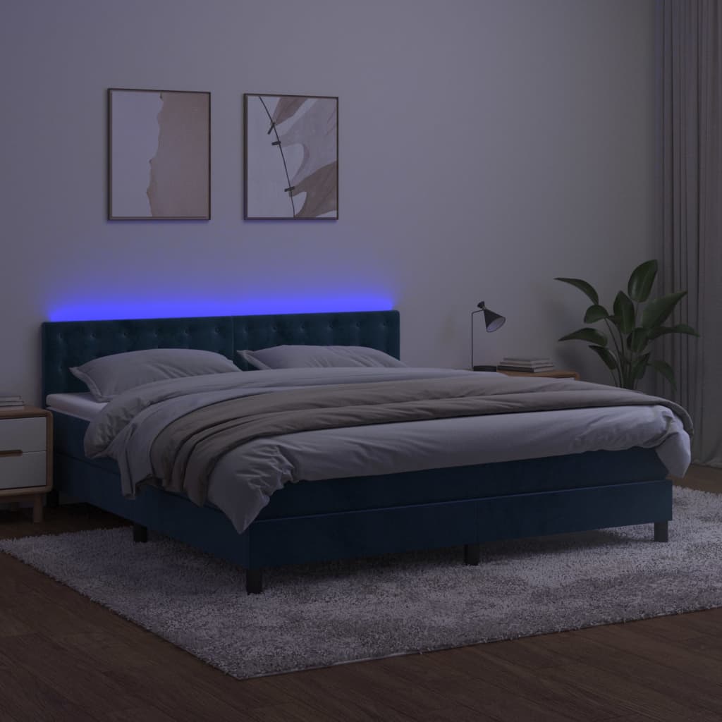 Cama box spring c/ colchão/LED 180x200 cm veludo azul-escuro