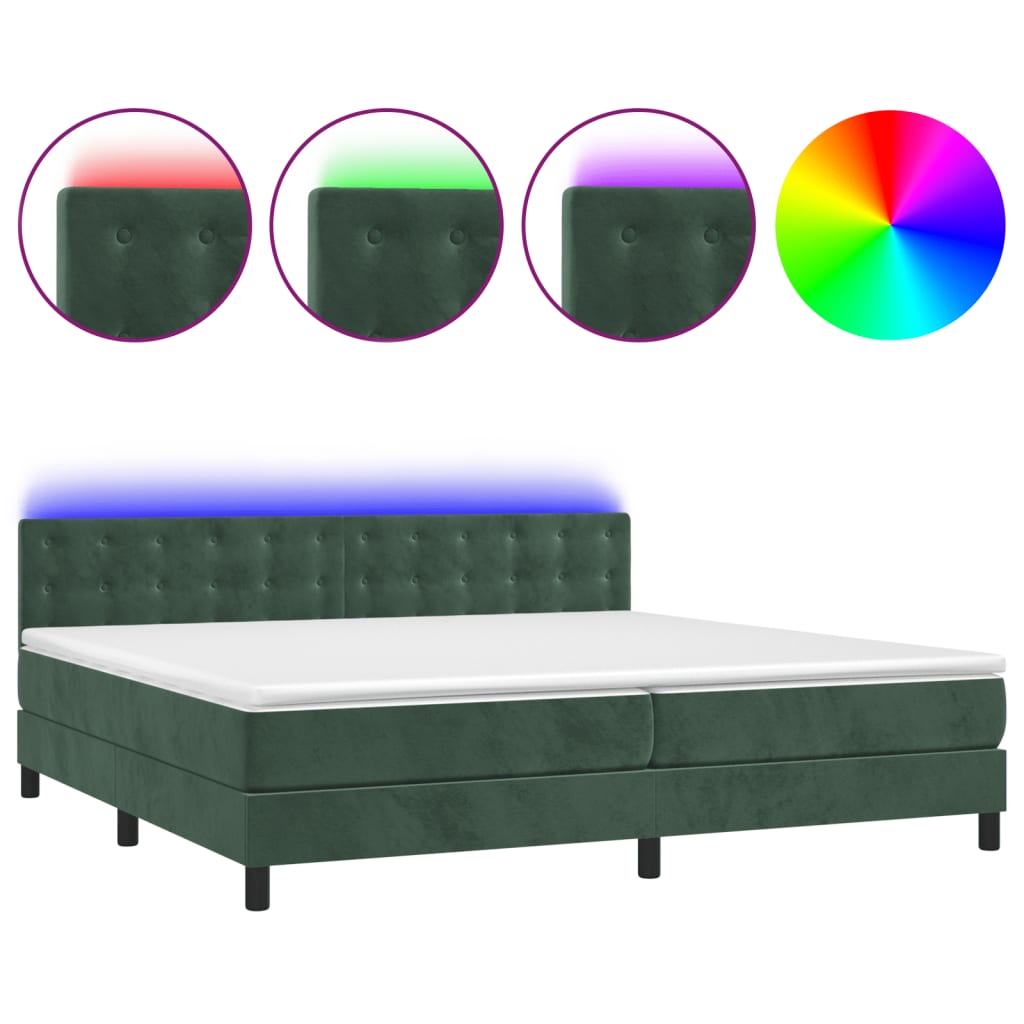 Cama box spring c/ colchão/LED 200x200 cm veludo verde-escuro