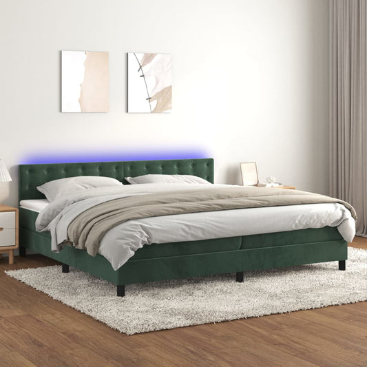 Cama box spring c/ colchão/LED 200x200 cm veludo verde-escuro