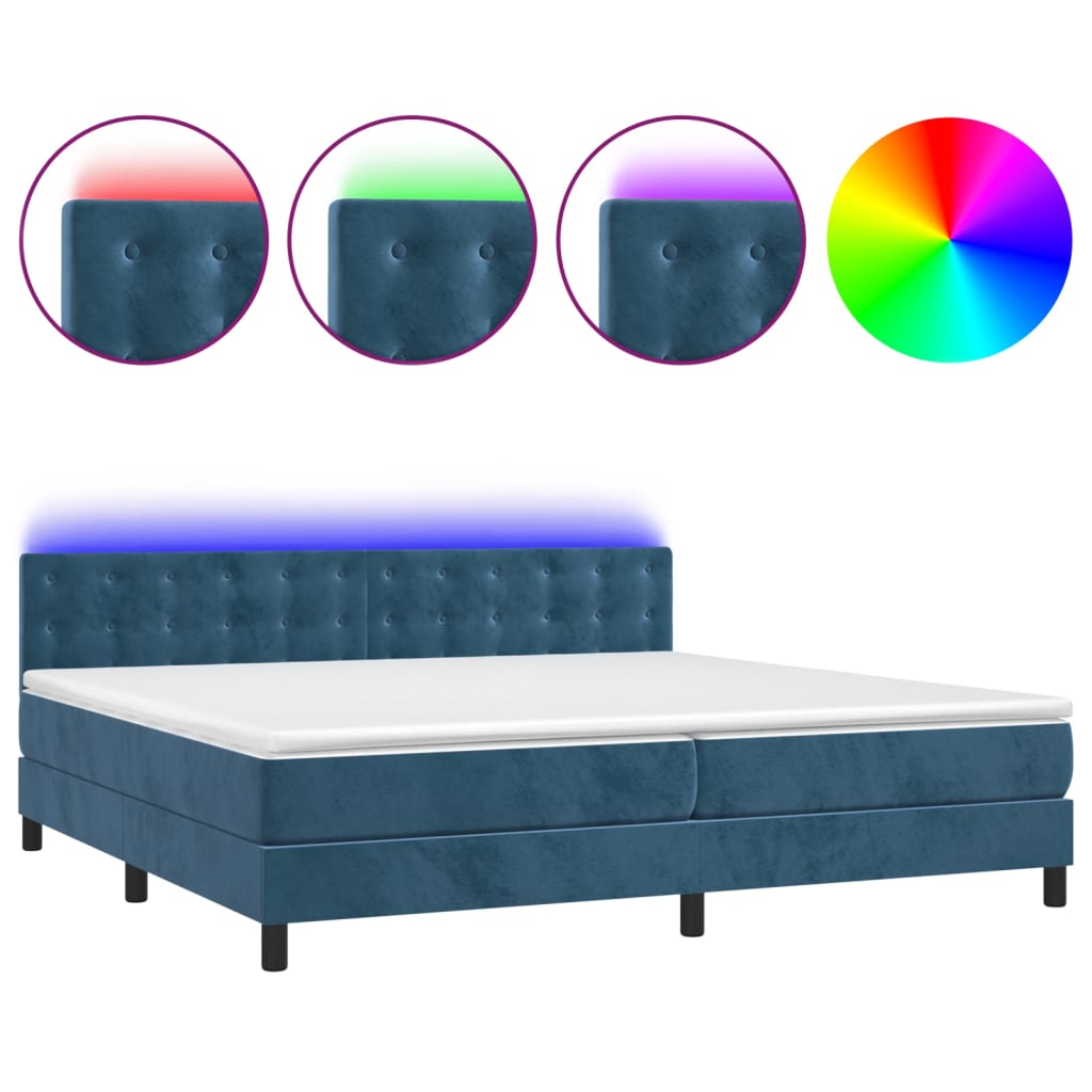 Cama box spring c/ colchão/LED 200x200 cm veludo azul-escuro