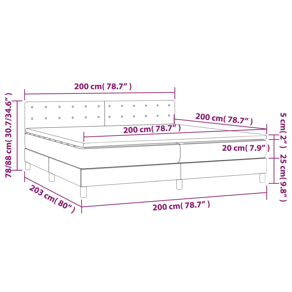 Cama box spring c/ colchão/LED 200x200 cm veludo azul-escuro