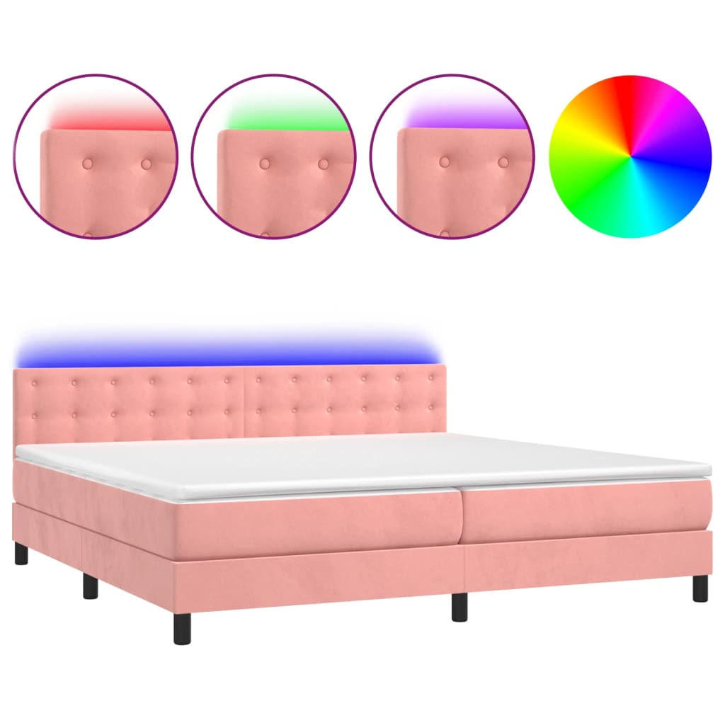 Cama box spring c/ colchão/LED 200x200 cm veludo rosa