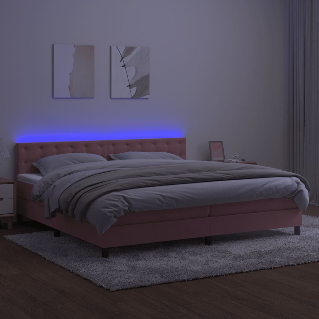 Cama box spring c/ colchão/LED 200x200 cm veludo rosa