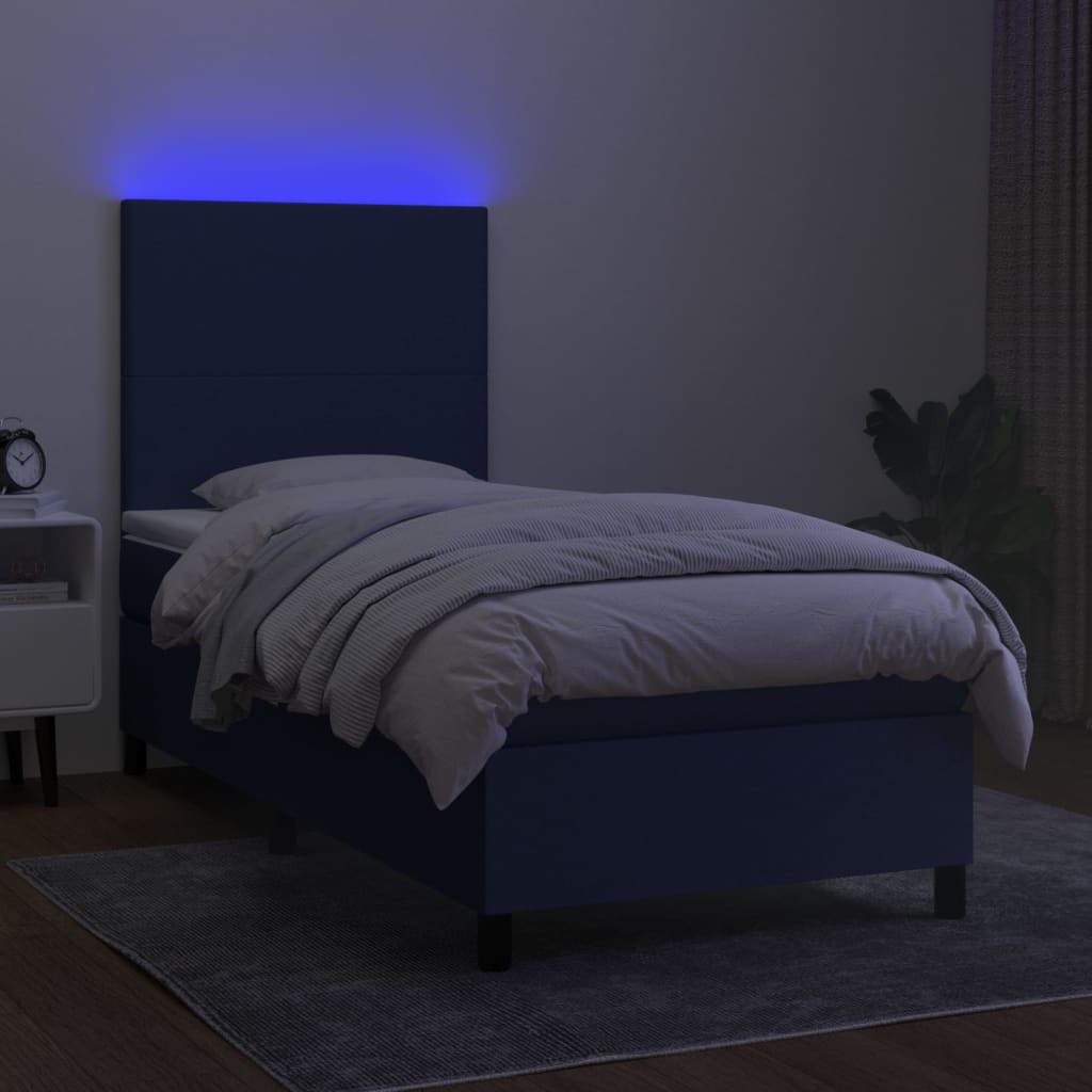 Cama box spring c/ colchão e LED 80x200 cm tecido azul