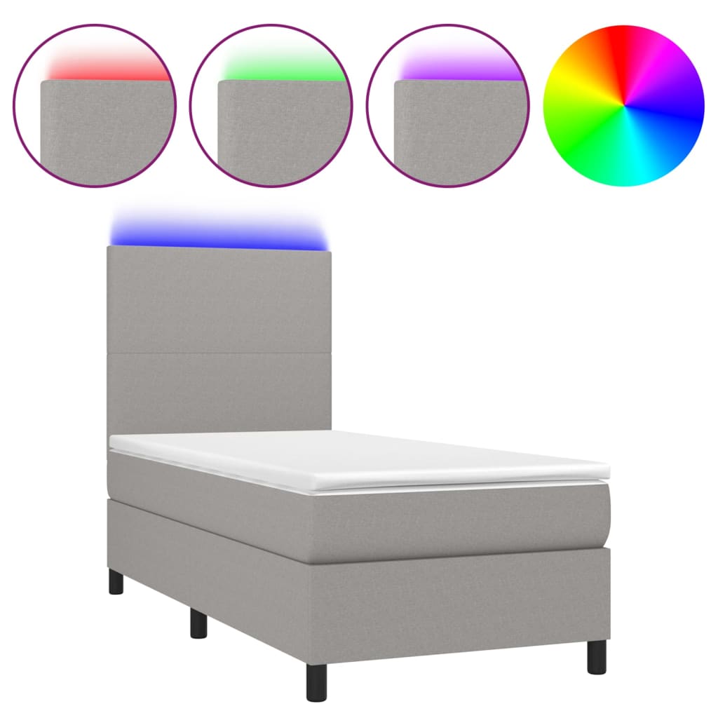 Cama box spring c/ colchão e LED 90x190 cm tecido cinza-claro