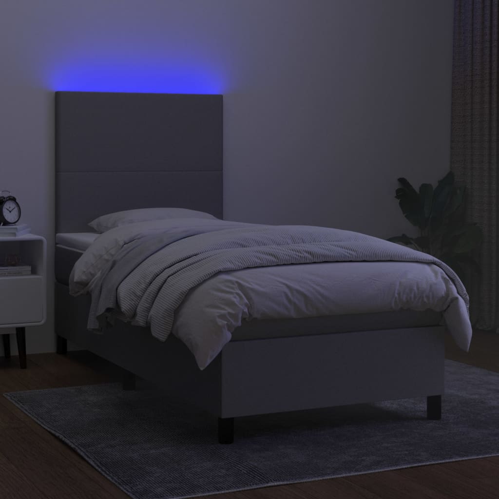 Cama box spring c/ colchão e LED 90x190 cm tecido cinza-claro