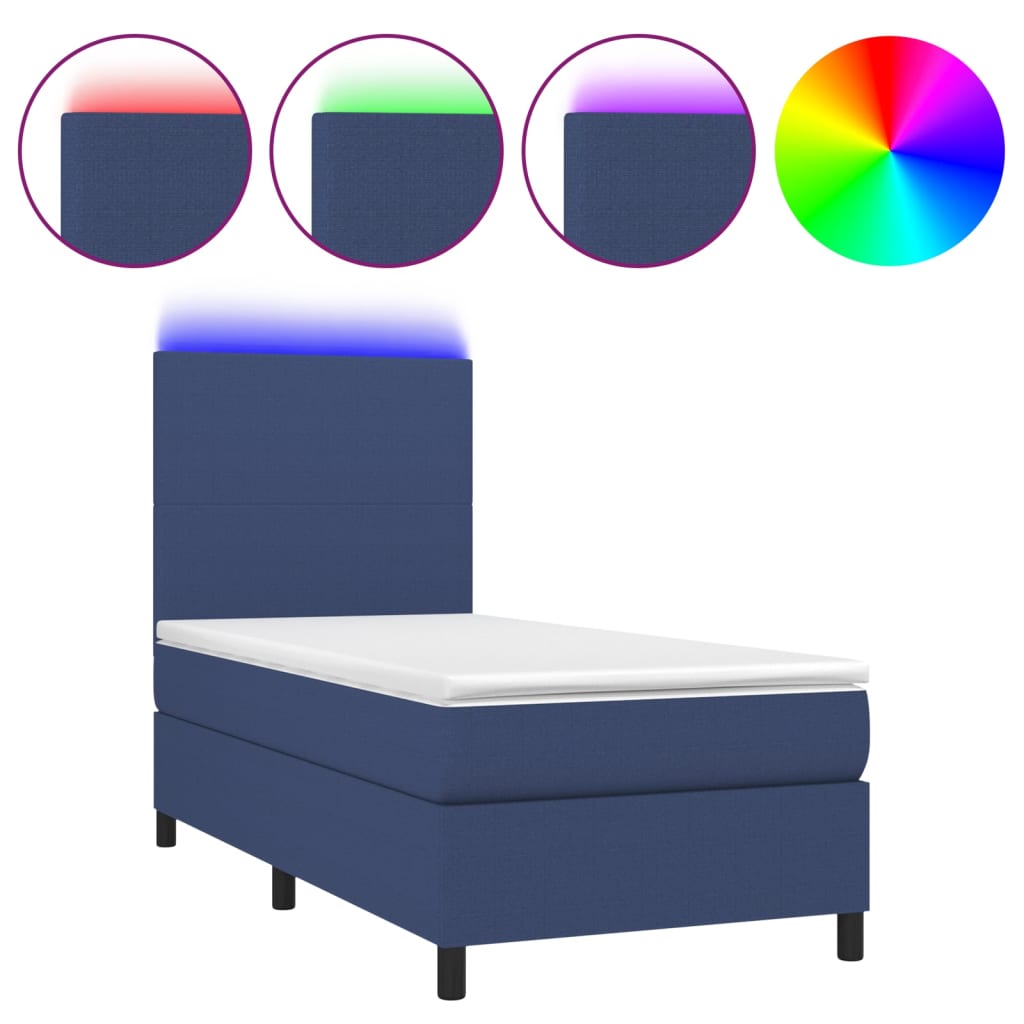 Cama box spring c/ colchão e LED 90x190 cm tecido azul