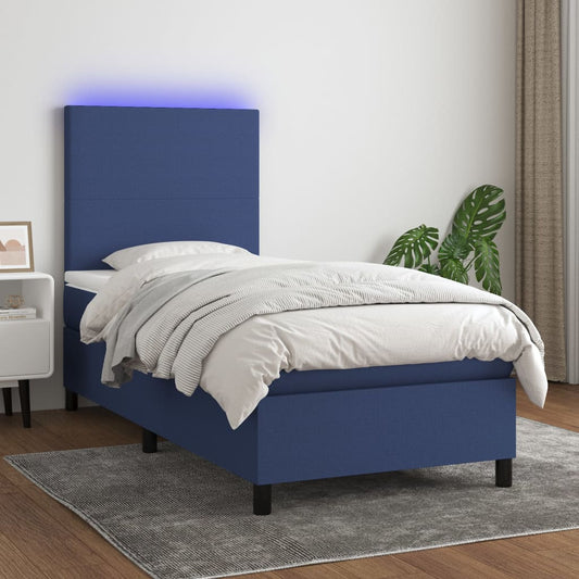 Cama box spring c/ colchão e LED 90x190 cm tecido azul