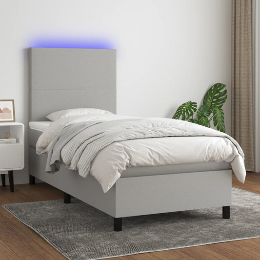 Cama box spring c/ colchão e LED 90x200 cm tecido cinza-claro