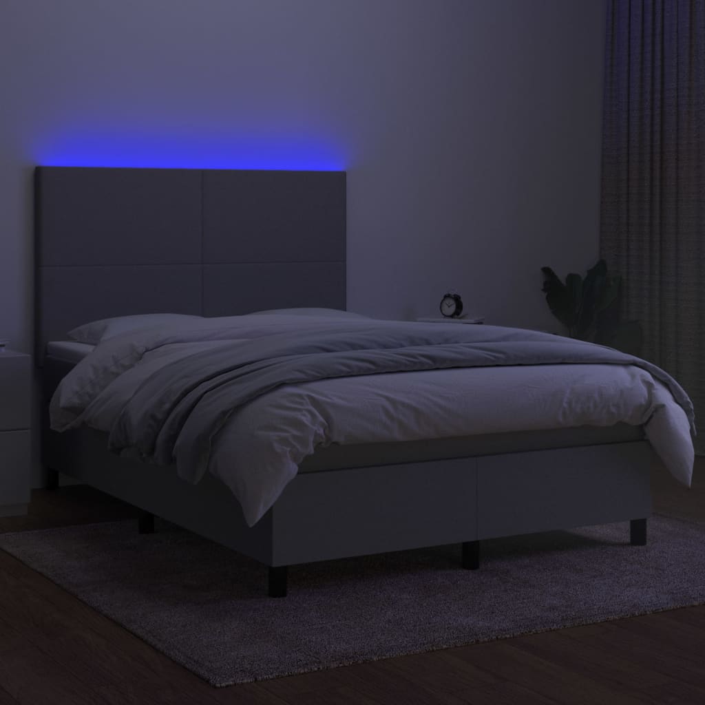 Cama box spring c/ colchão e LED 140x190 cm tecido cinza-claro