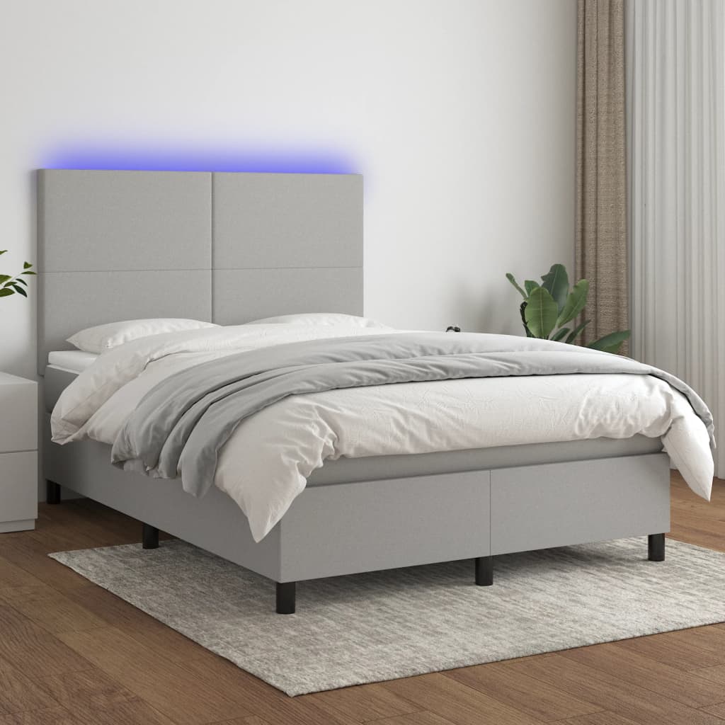 Cama box spring c/ colchão e LED 140x190 cm tecido cinza-claro