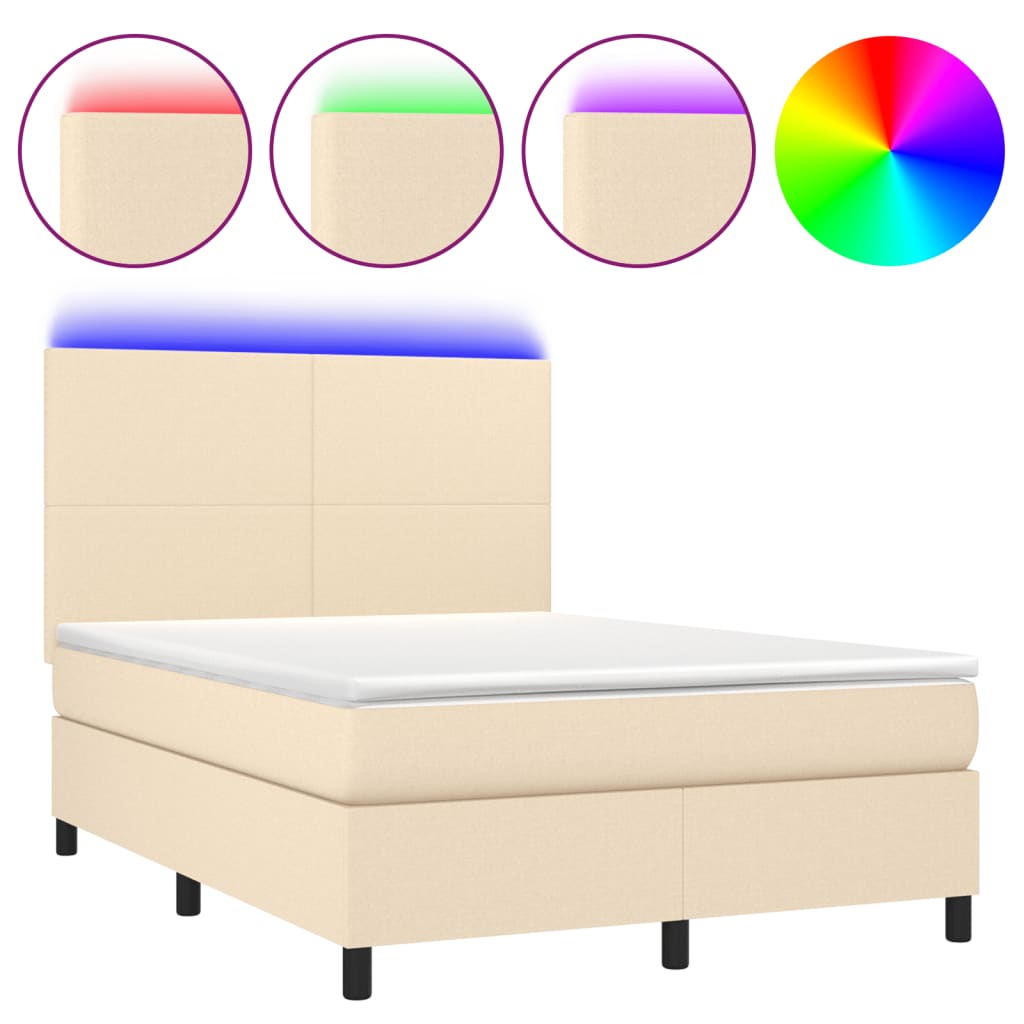 Cama box spring c/ colchão e LED 140x190 cm tecido cor creme