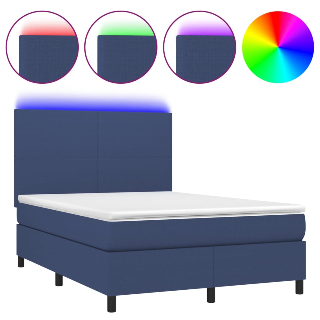 Cama box spring c/ colchão e LED 140x190 cm tecido azul