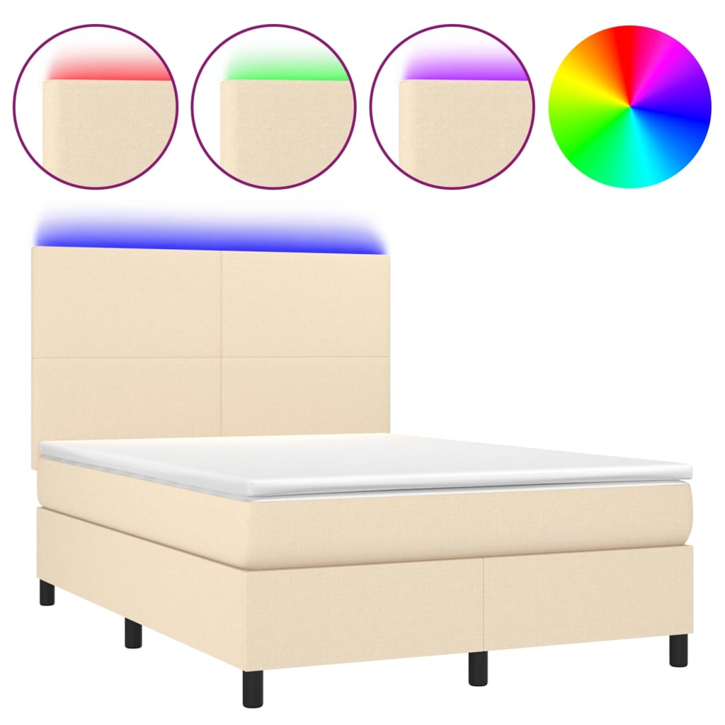 Cama box spring c/ colchão e LED 140x200 cm tecido cor creme