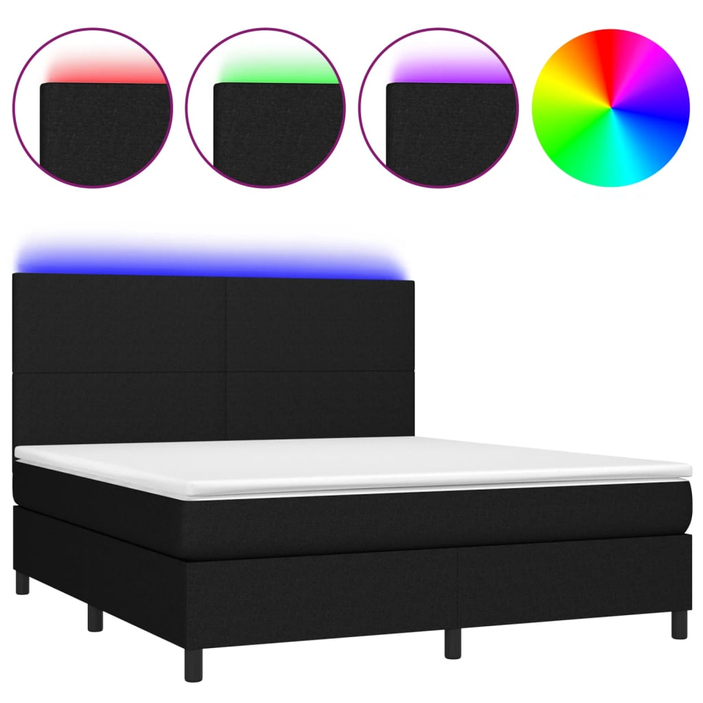 Cama box spring c/ colchão e LED 160x200 cm tecido preto