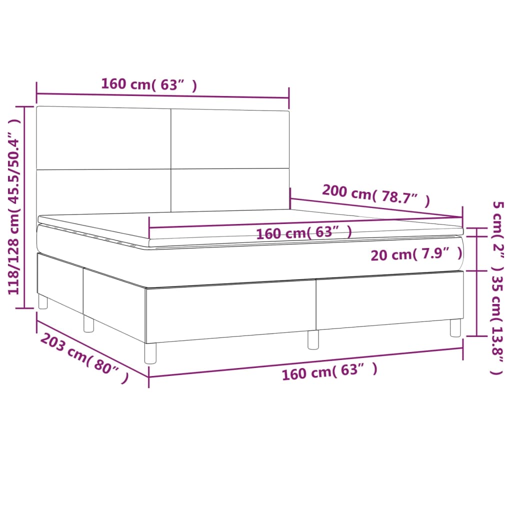 Cama box spring c/ colchão e LED 160x200 cm tecido preto