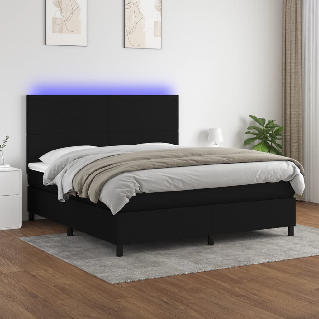 Cama box spring c/ colchão e LED 160x200 cm tecido preto