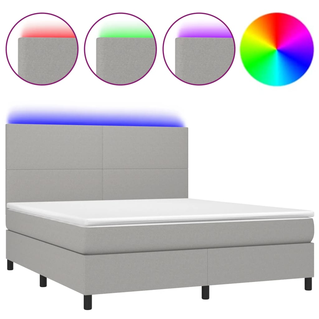 Cama box spring c/ colchão e LED 180x200 cm tecido cinza-claro