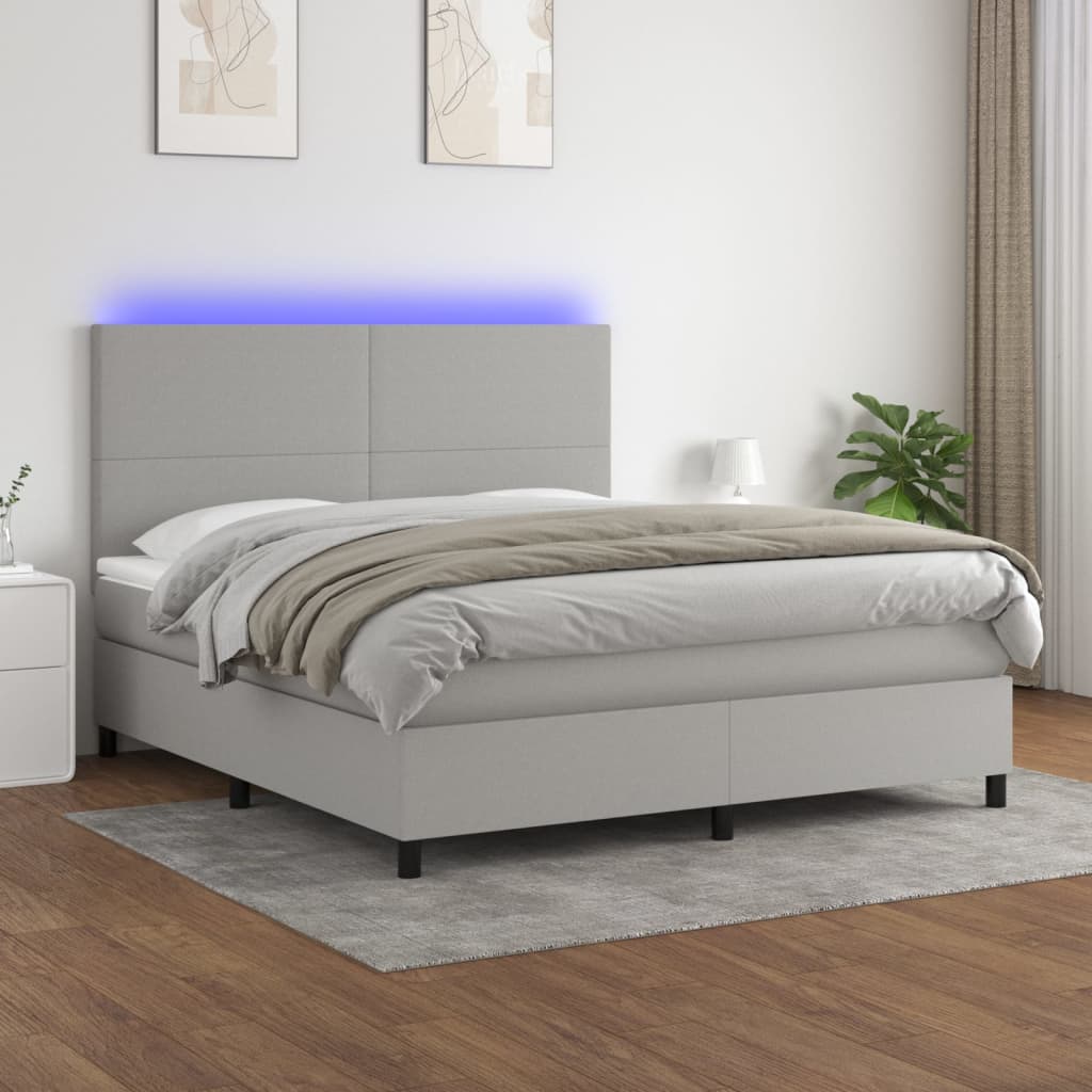 Cama box spring c/ colchão e LED 180x200 cm tecido cinza-claro