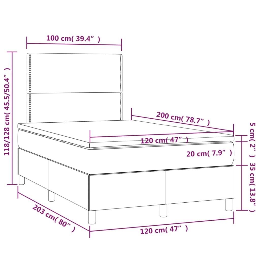 Cama box spring c/ colchão/LED 120x200cm tecido castanho-escuro