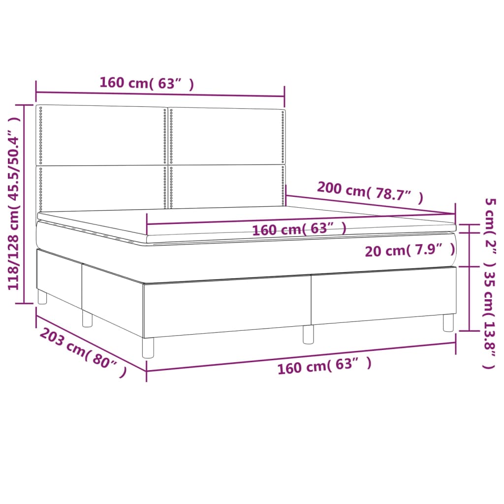 Cama box spring c/ colchão e LED 160x200 cm tecido cor creme