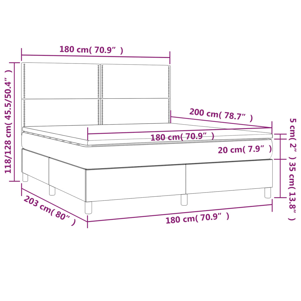 Cama box spring c/ colchão e LED 180x200 cm tecido azul