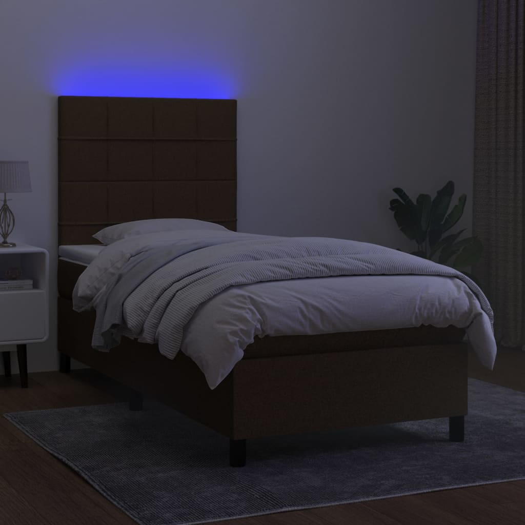 Cama box spring c/ colchão/LED 80x200cm tecido castanho-escuro