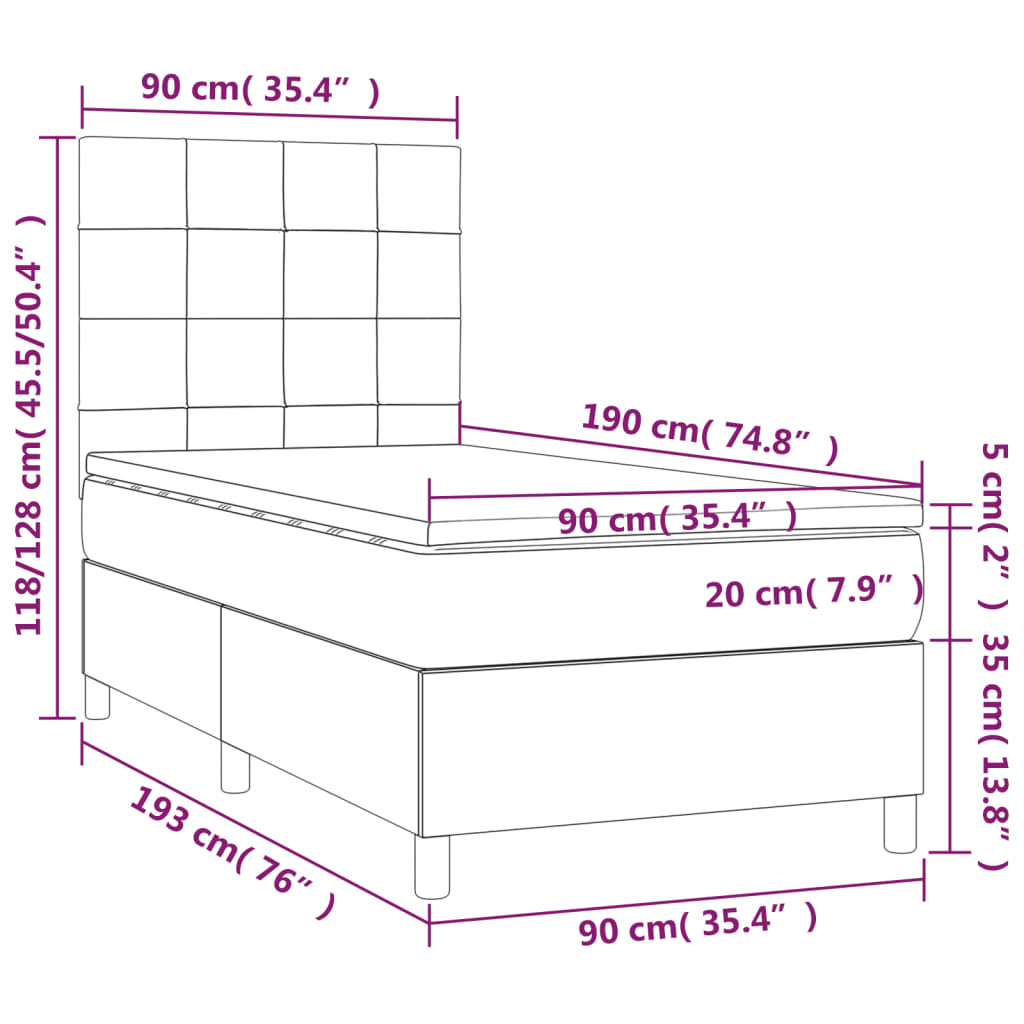 Cama box spring c/ colchão e LED 90x190 cm tecido azul