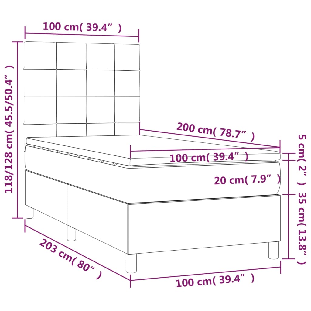 Cama box spring colchão/LED 100x200cm tecido cinza-acastanhado