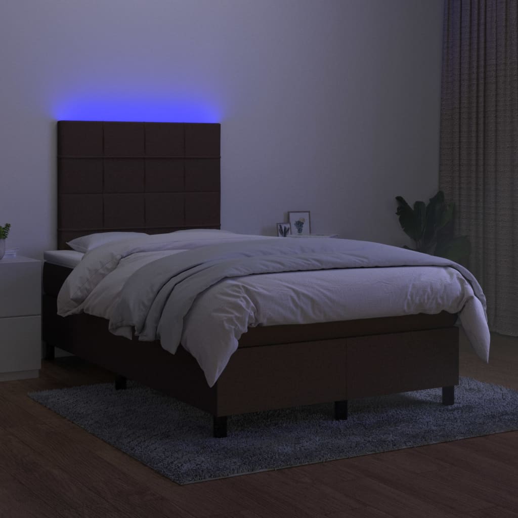 Cama box spring c/ colchão/LED 120x200cm tecido castanho-escuro