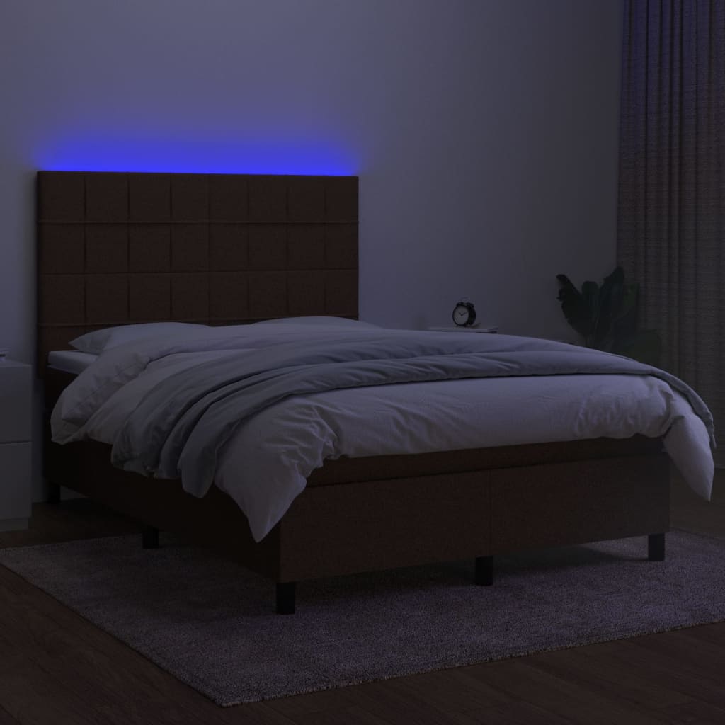 Cama box spring c/ colchão/LED 140x190cm tecido castanho-escuro