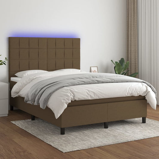 Cama box spring c/ colchão/LED 140x190cm tecido castanho-escuro