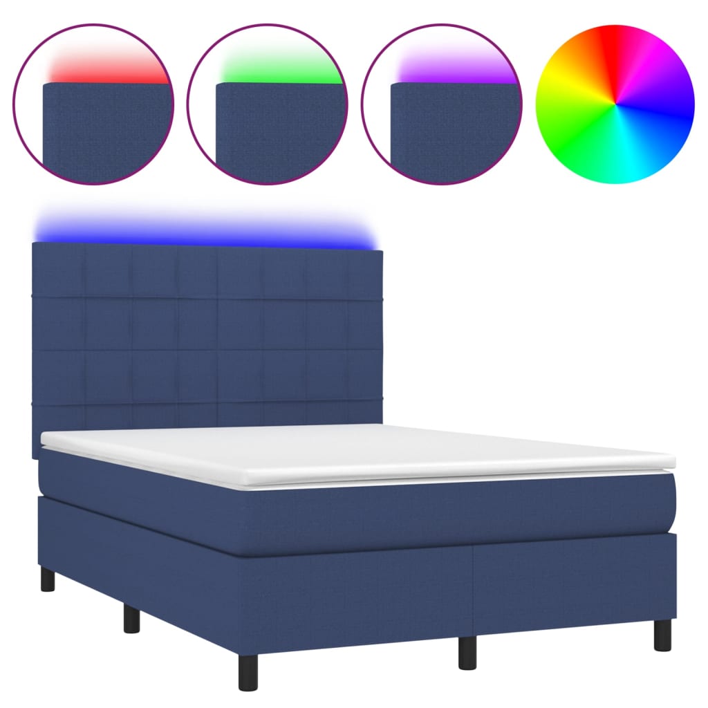 Cama box spring c/ colchão e LED 140x190 cm tecido azul