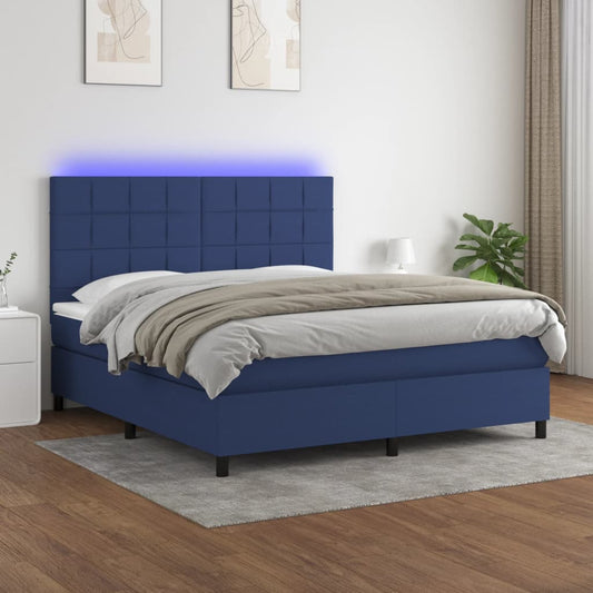 Cama box spring c/ colchão e LED 180x200 cm tecido azul