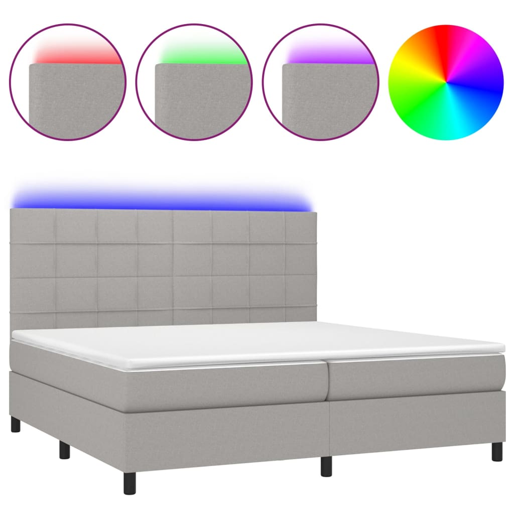 Cama box spring c/ colchão e LED 200x200 cm tecido cinza-claro