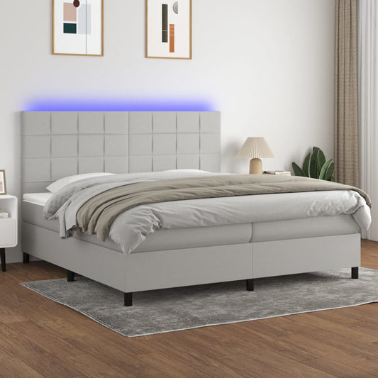 Cama box spring c/ colchão e LED 200x200 cm tecido cinza-claro