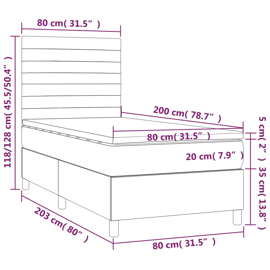 Cama box spring c/ colchão e LED 80x200 cm tecido preto