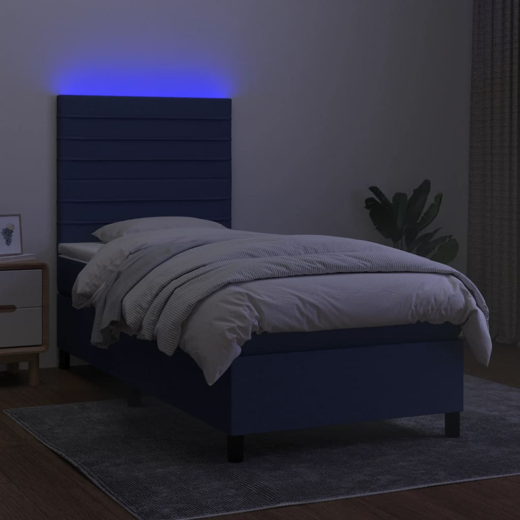 Cama box spring c/ colchão e LED 90x190 cm tecido azul