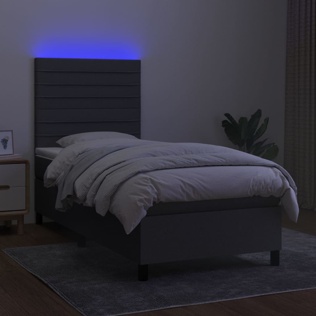 Cama box spring c/ colchão e LED 90x200 cm tecido cinza-escuro