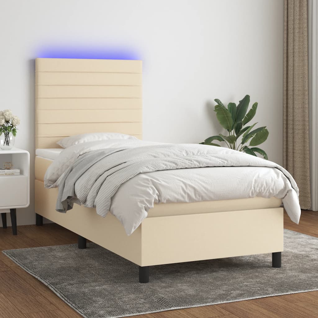 Cama box spring c/ colchão e LED 100x200 cm tecido cor creme