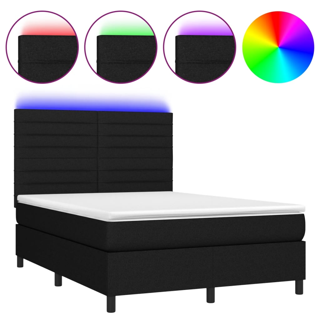 Cama box spring c/ colchão e LED 140x190 cm tecido preto