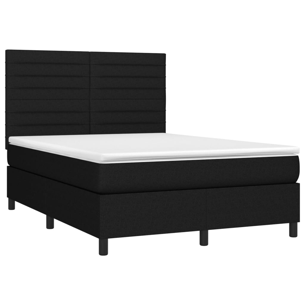 Cama box spring c/ colchão e LED 140x190 cm tecido preto