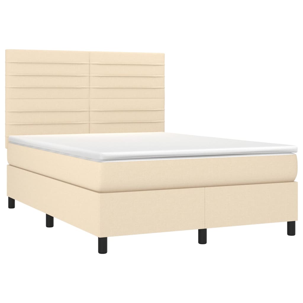 Cama box spring c/ colchão e LED 140x190 cm tecido cor creme