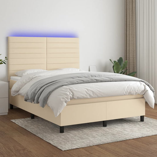 Cama box spring c/ colchão e LED 140x190 cm tecido cor creme