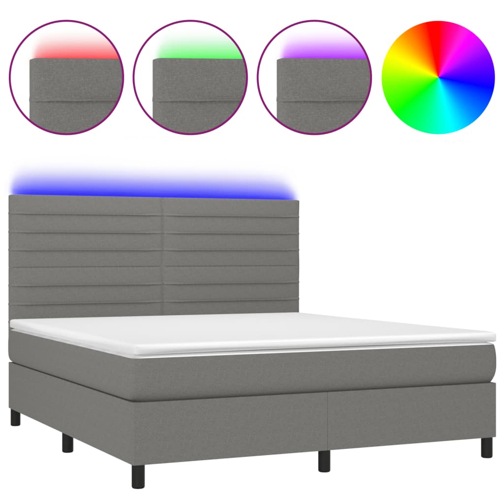 Cama box spring c/ colchão e LED 180x200 cm tecido cinza-escuro