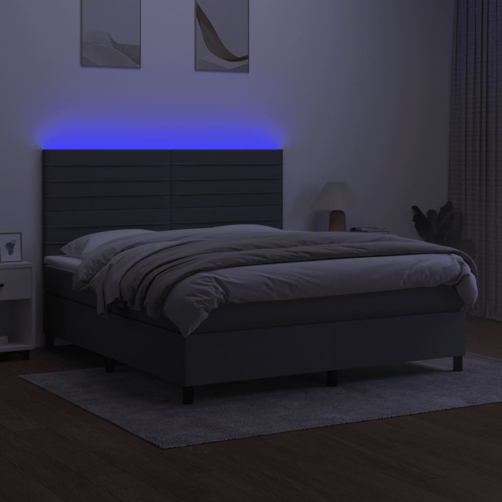 Cama box spring c/ colchão e LED 180x200 cm tecido cinza-escuro