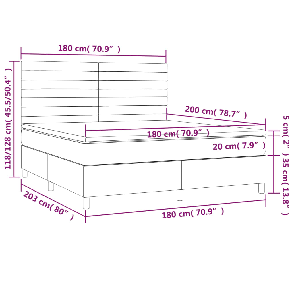 Cama box spring c/ colchão e LED 180x200 cm tecido cinza-escuro