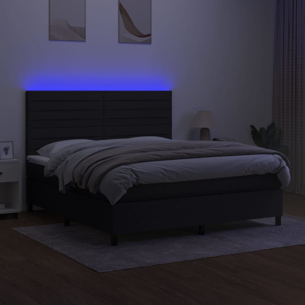 Cama box spring c/ colchão e LED 180x200 cm tecido preto